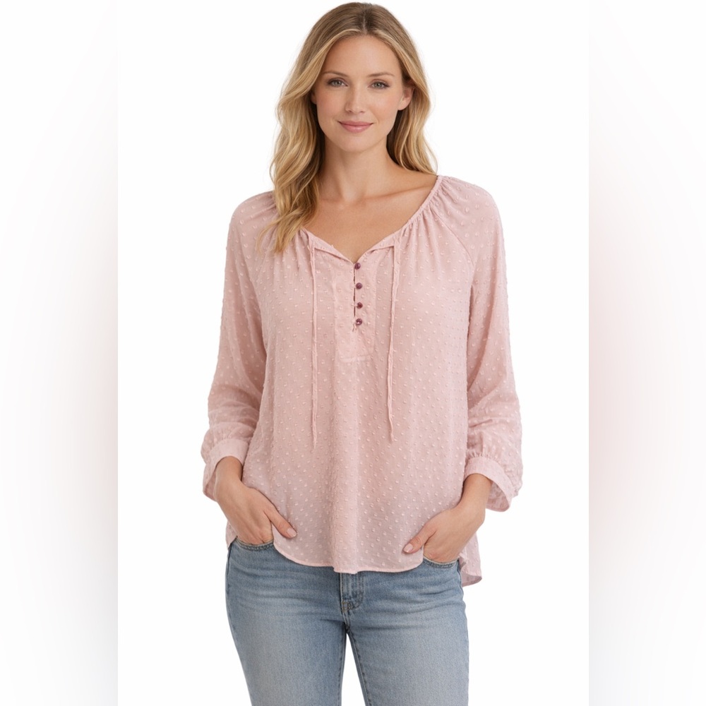 Matilda Jane “Bonnie” Blouse Pink Textured Dot Semi-Sheer 3/4 Sleeve M